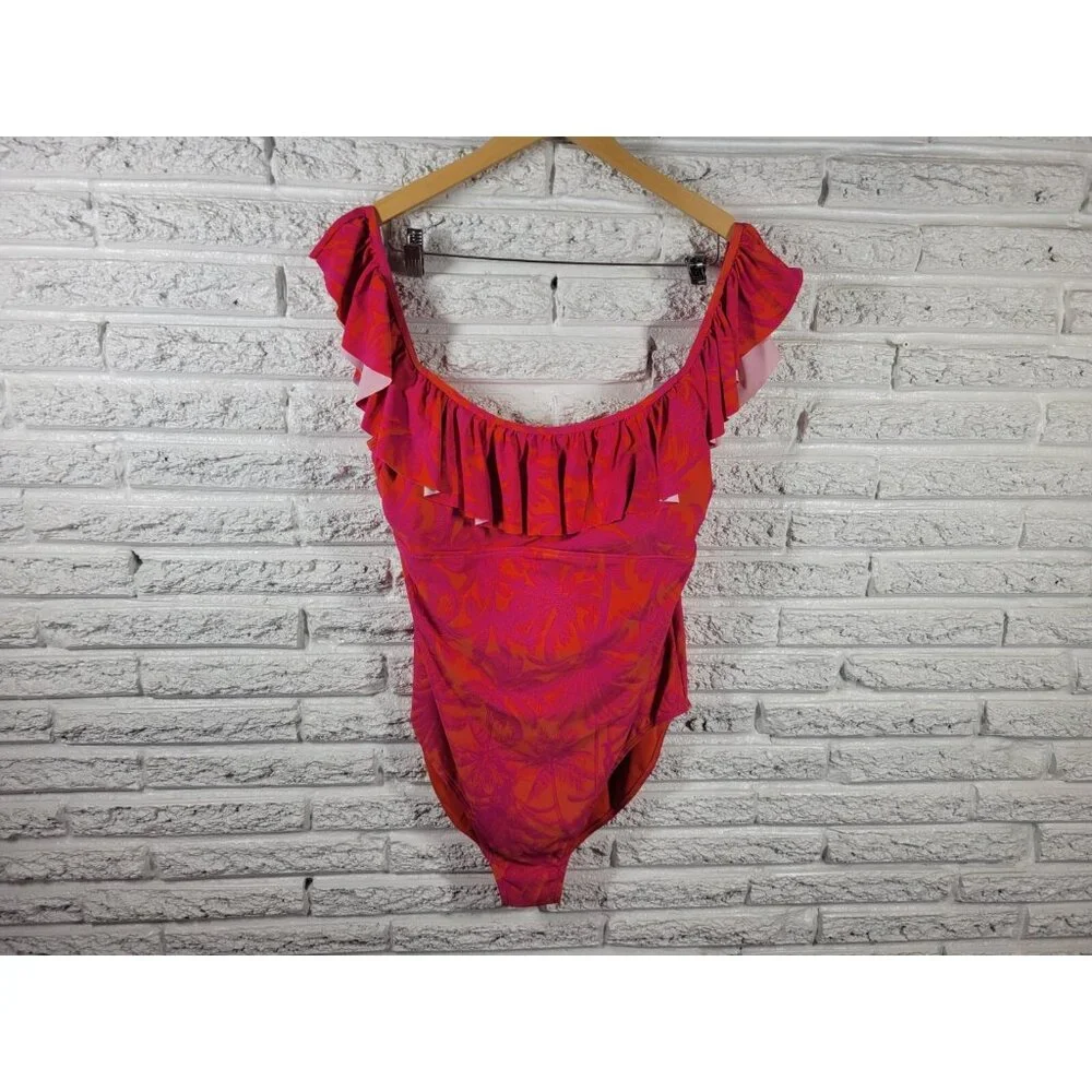 Mynah Womens Swimsuit XXL One Piece Open Back Pink Tropical Ruffle FLO69E